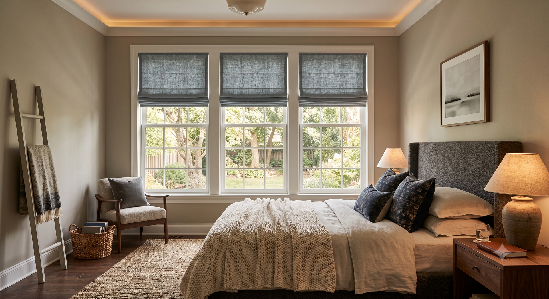 Bright bedroom with a bed, armchair, bedside lamps, and large windows with Roman shades