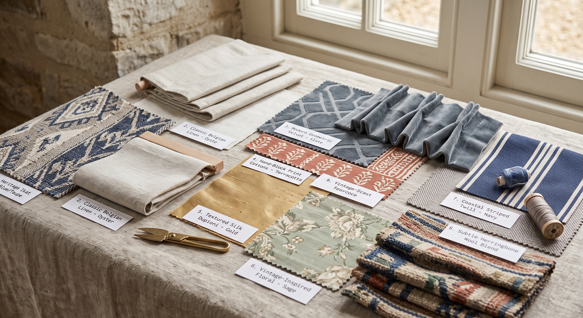 Fabric swatches and folded textiles arranged on a table in a bright room by a window
