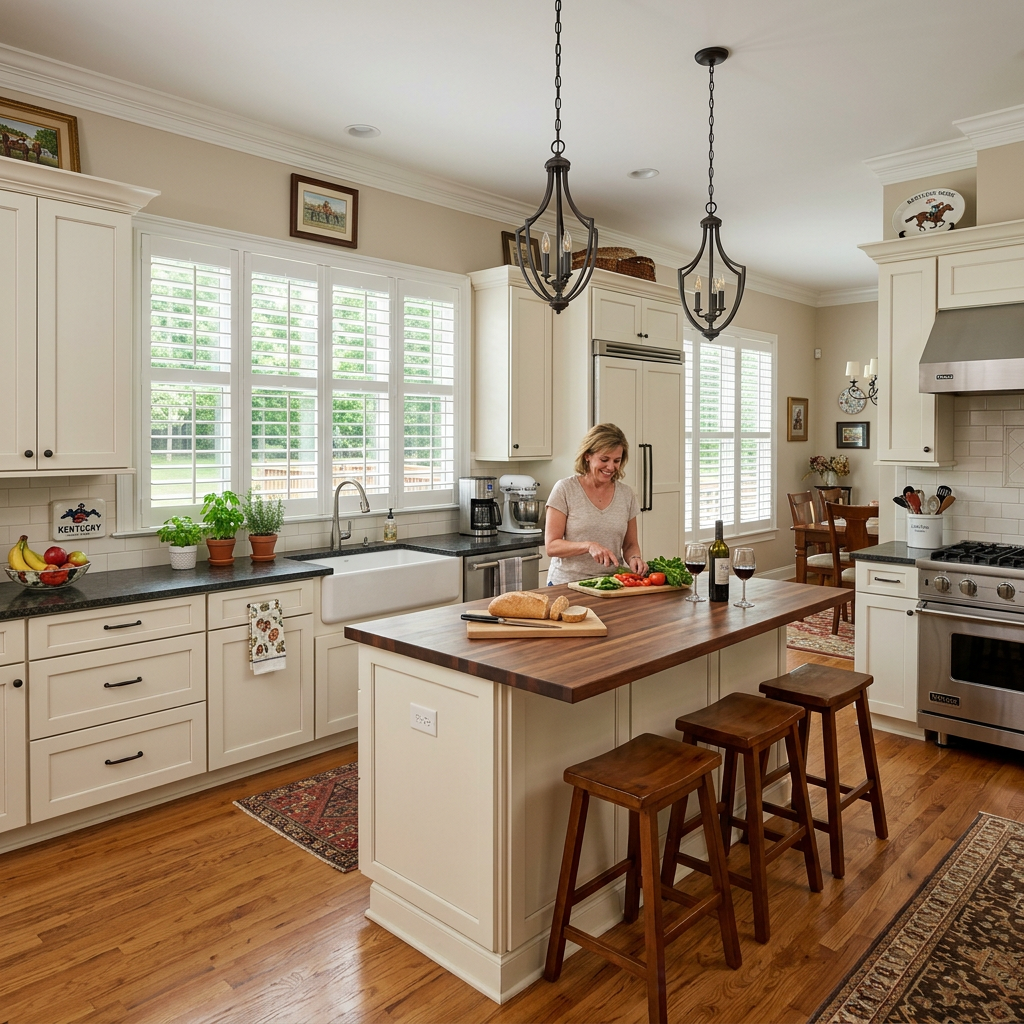 Bright kitchen with white cabinets, island, plantation shutters, and a person preparing food near the sink.