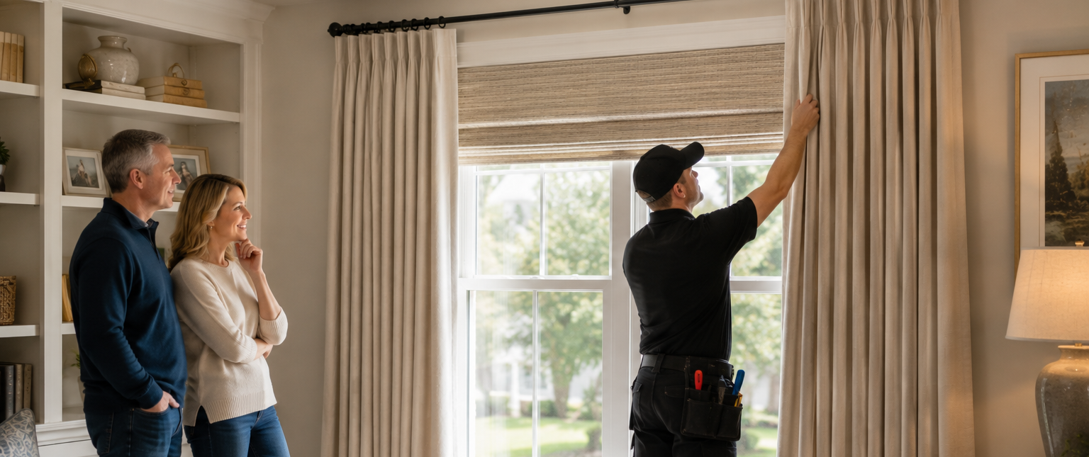 Two people watch a worker adjust beige curtains in a bright living room.