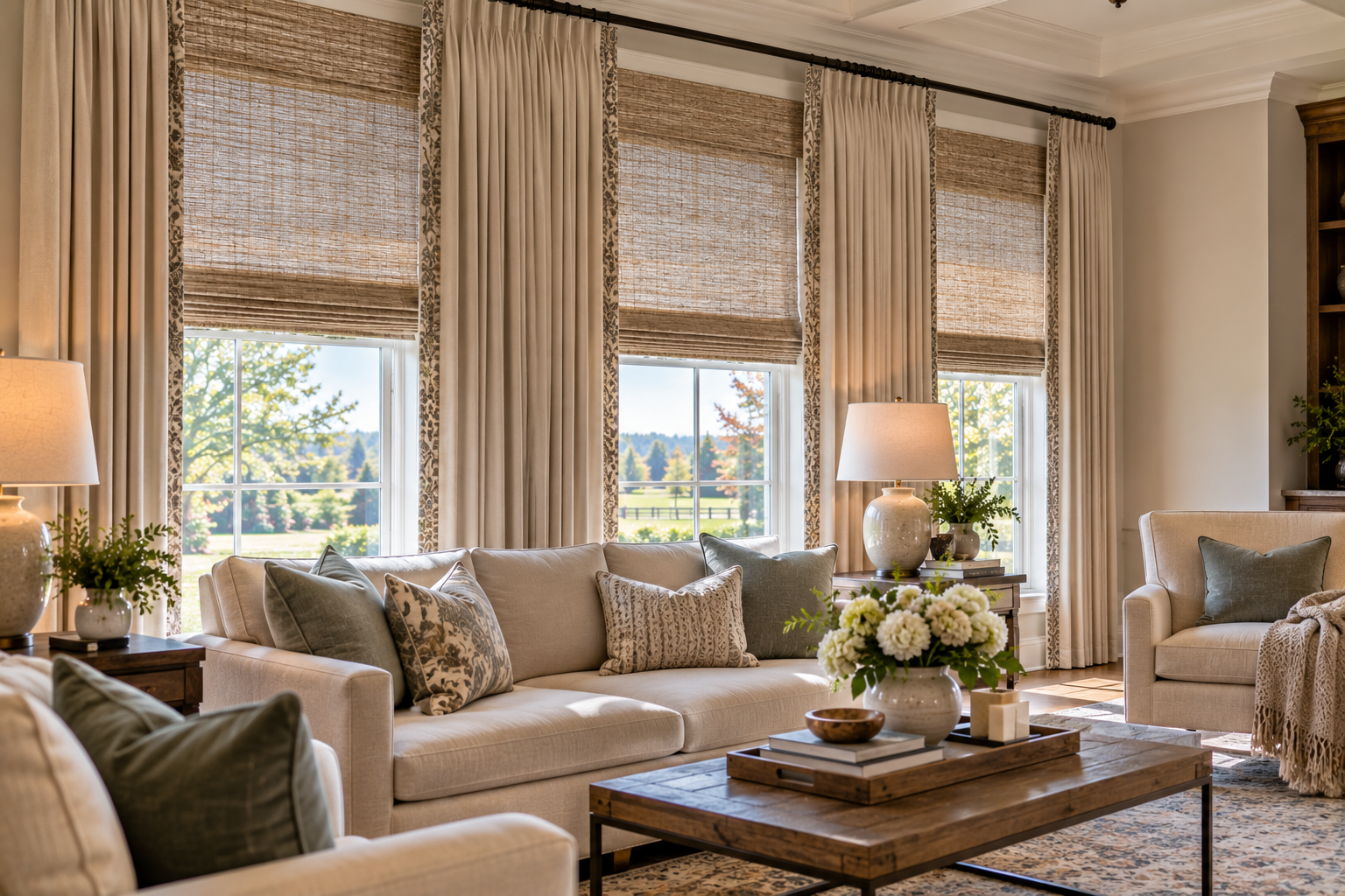 Bright living room with beige sofas, woven blinds, large windows, and a wooden coffee table with flowers.