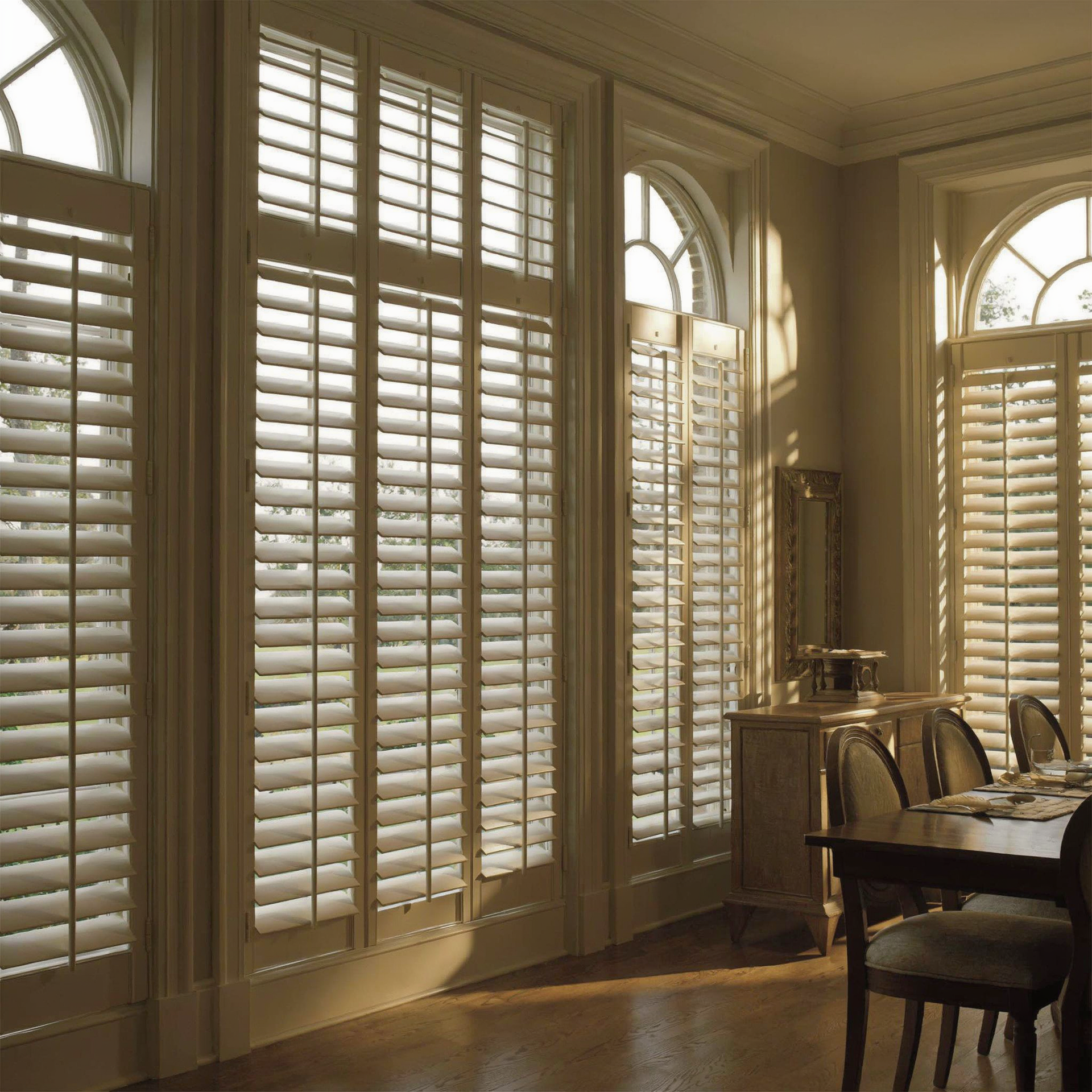 Sunlit room with tall arched windows, white shutters, and a wooden dining table and chairs