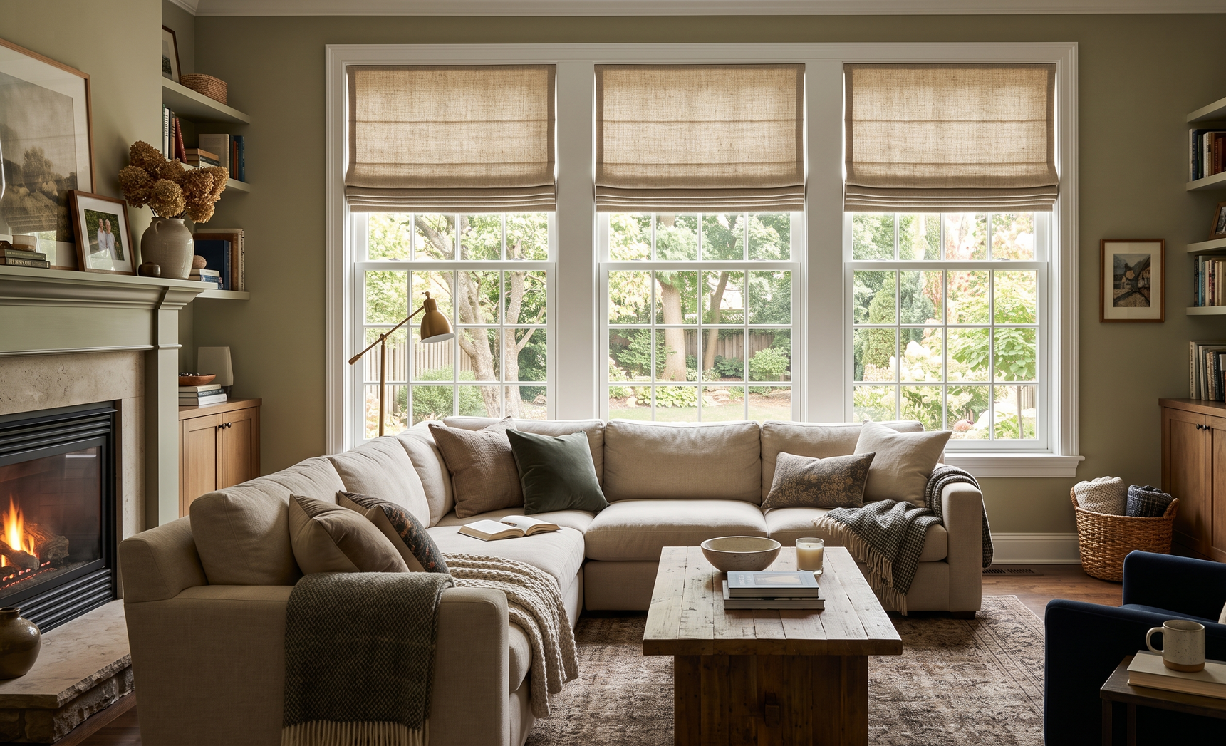 Cozy living room with a lit fireplace, large windows, beige sofa, and a wooden coffee table.