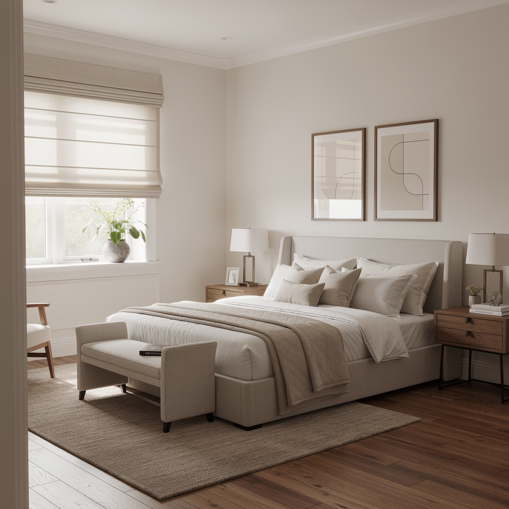 Bright neutral bedroom with a beige bed, wooden nightstands, roman shades on the window