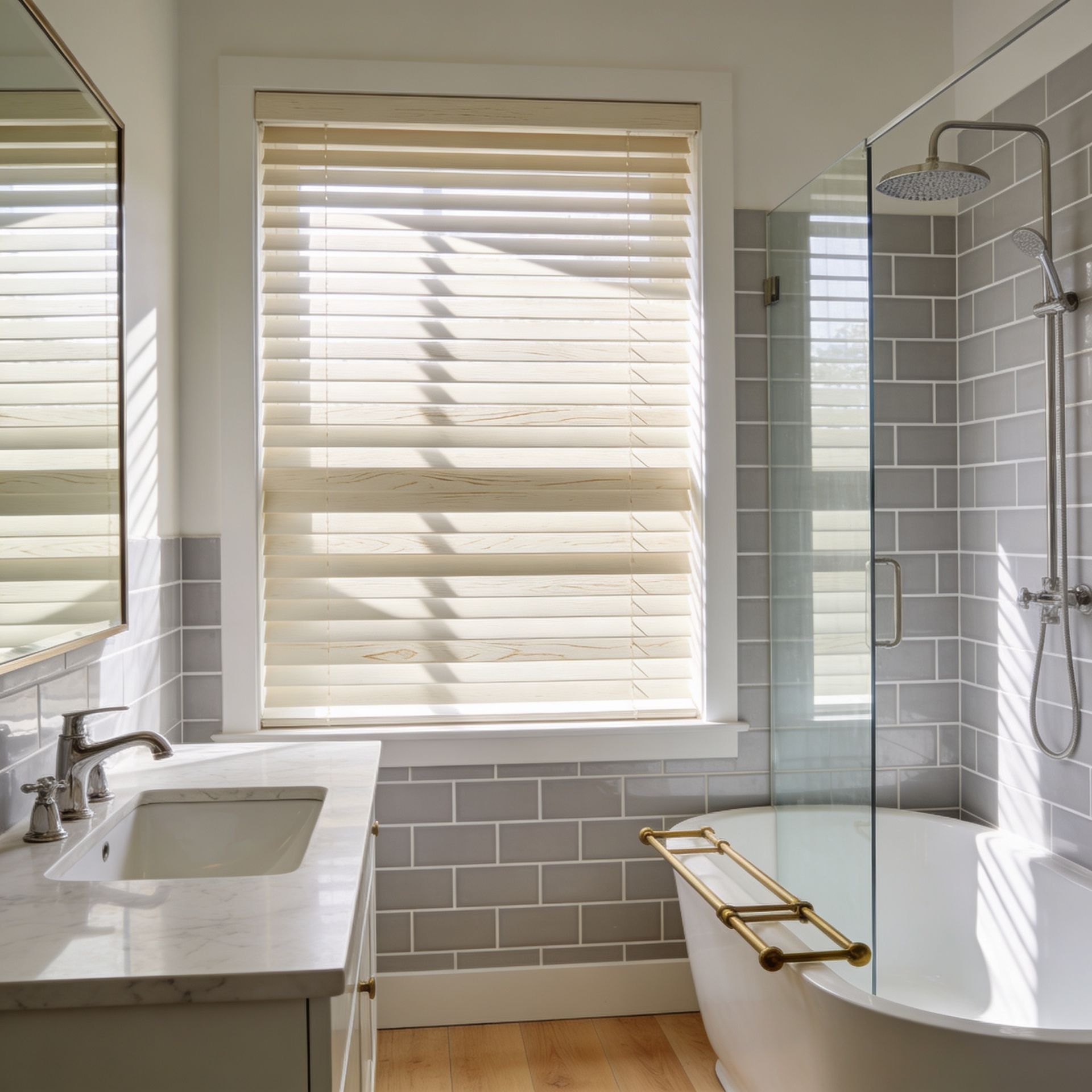 Bright bathroom with white sink, gray tile, window blinds, and a glass shower beside a freestanding tub