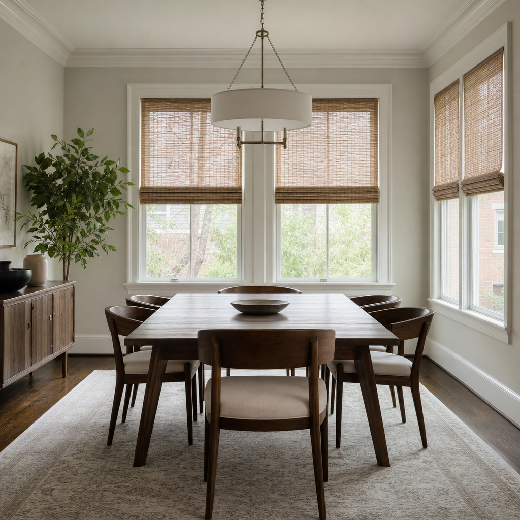 Bright dining room with wooden table, six chairs, large windows, woven blinds, and a hanging pendant light.