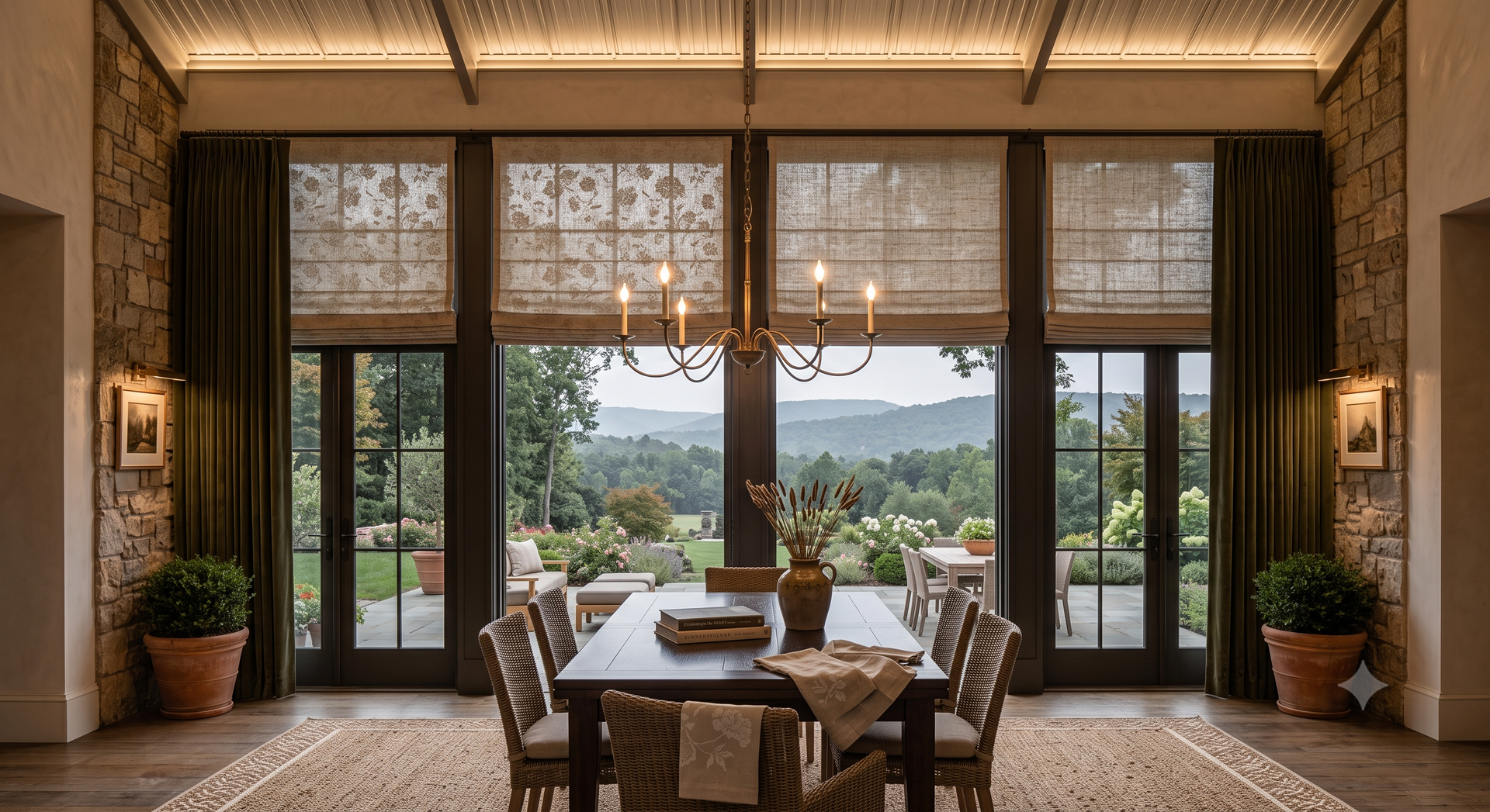 Elegant dining room with a set table and large windows with roman shades overlooking a lush outdoor view