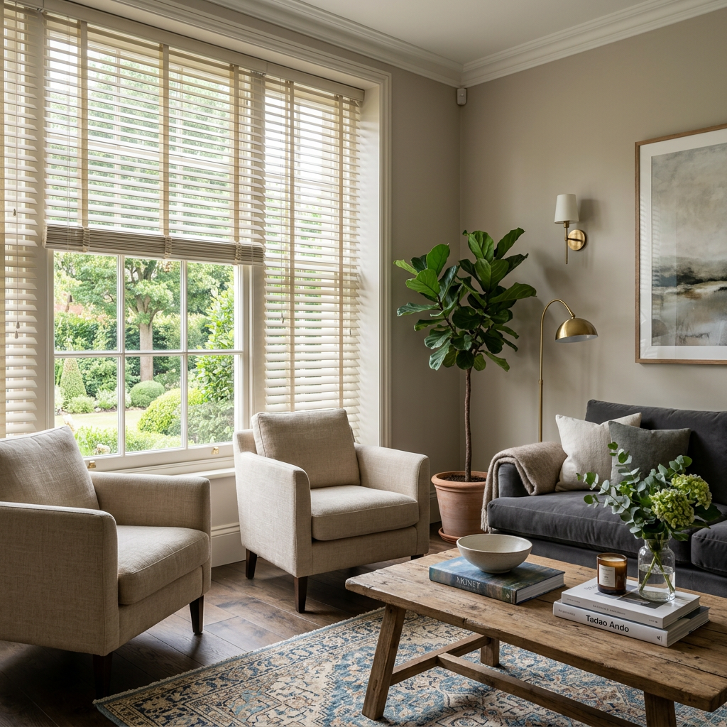 Bright living room with beige chairs, gray sofa, coffee table, large window with white window blinds