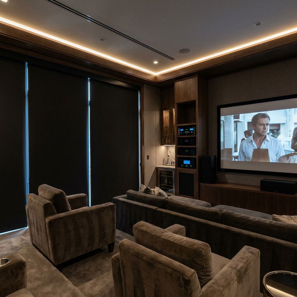 Modern home theater with plush seating and blackout shades on the windows.