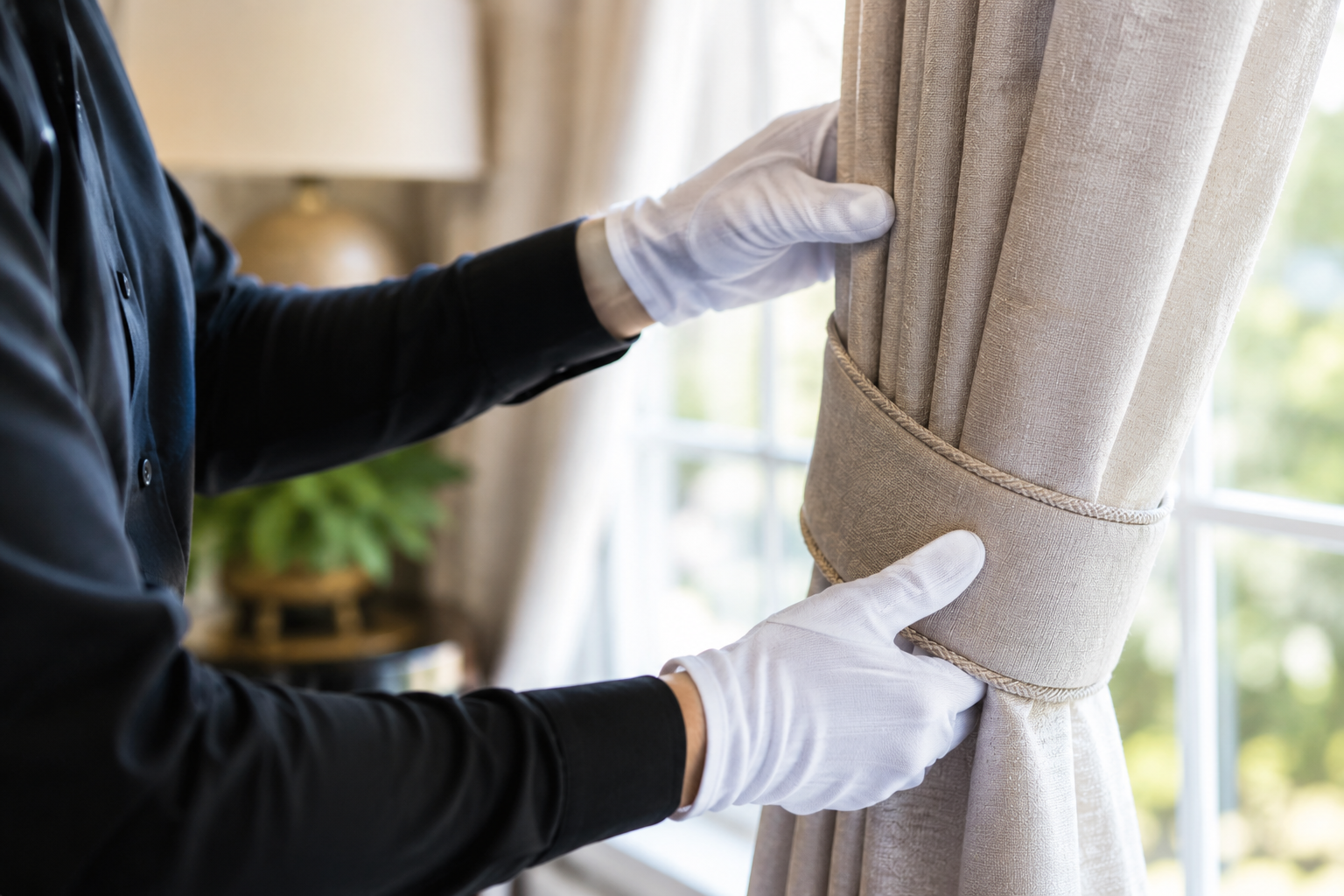Gloved hands adjusting beige curtains beside a bright window
