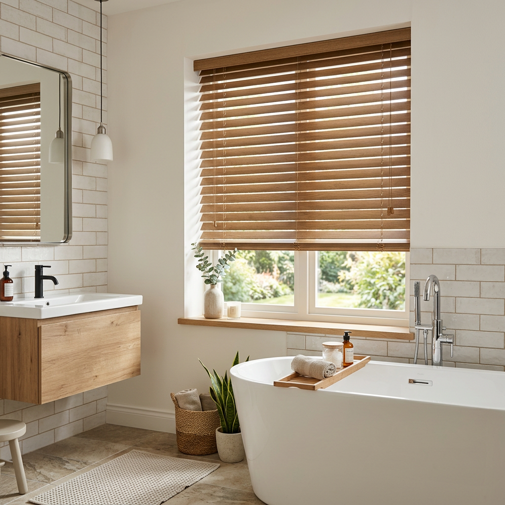 Bright modern bathroom with faux wood blinds, floating vanity, and freestanding tub by a window