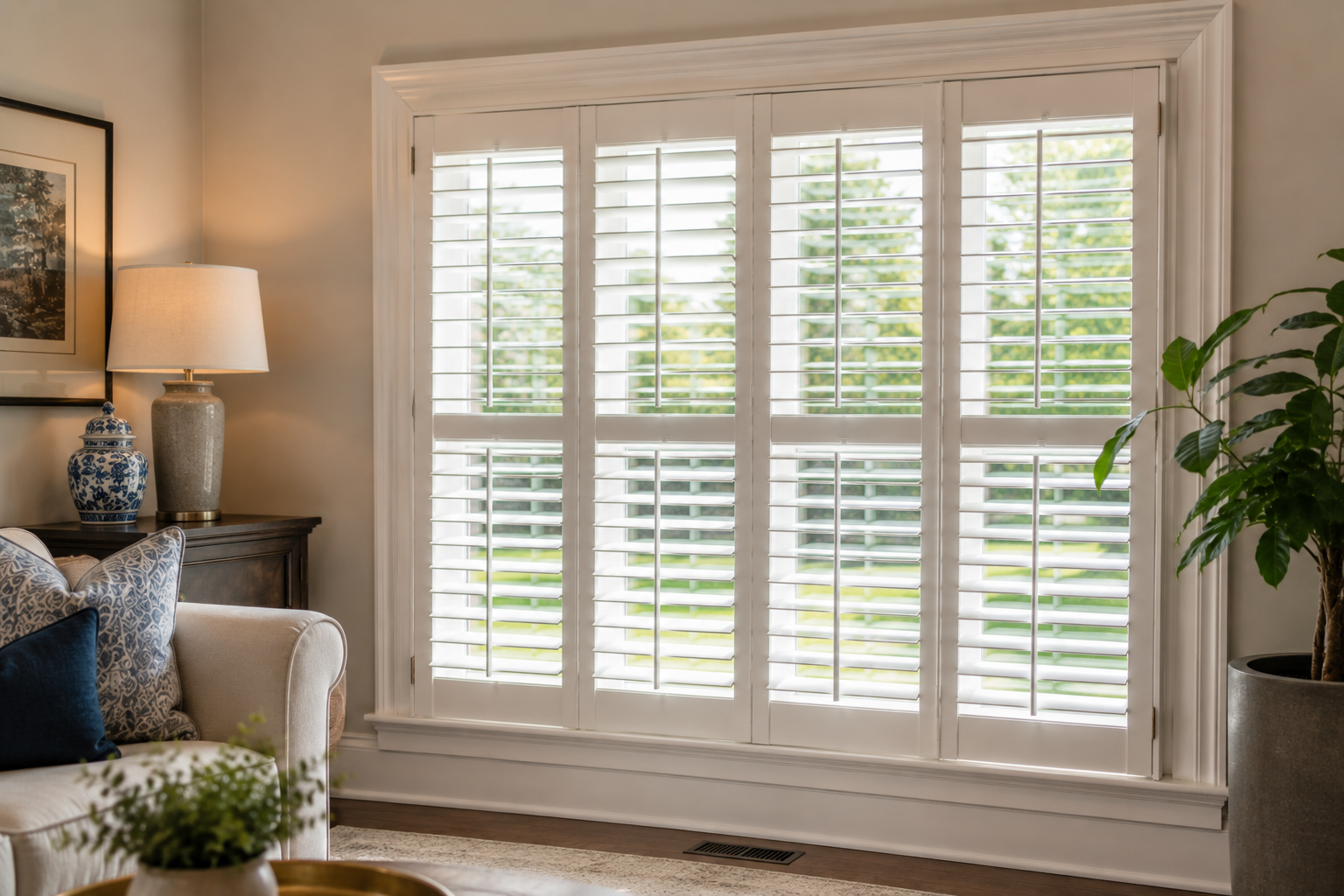 Bright living room with white plantation shutters, beige walls, sofa, lamp, and potted plants