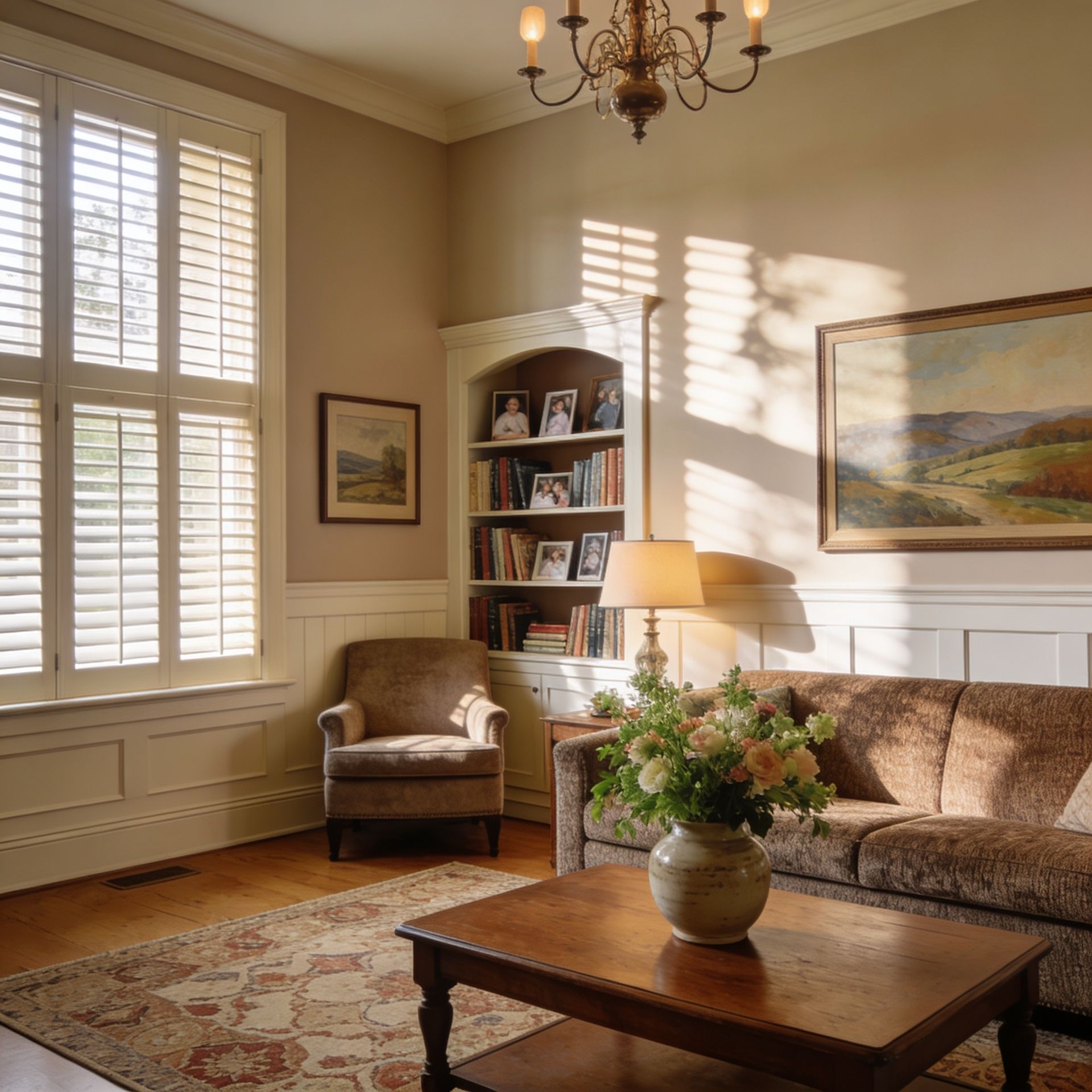 Sunlit living room with beige walls, patterned sofa, armchair, plantaton shutters, bookshelf, and framed art