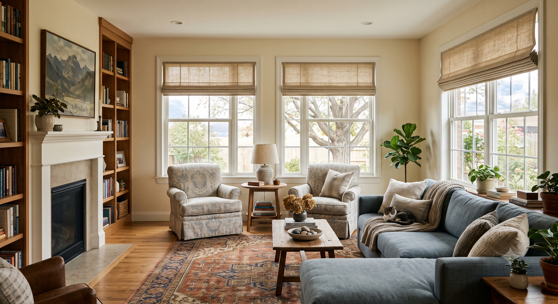 Bright living room with large windows, roman shades, blue sofa, fireplace, and neutral armchairs around a coffee table.