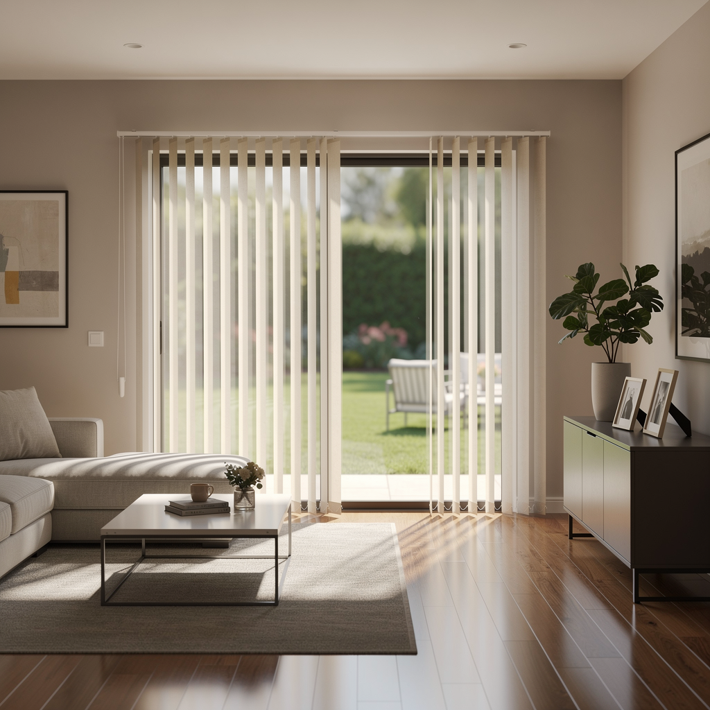 Bright living room with sofa, coffee table, vertical blinds, and patio doors opening to a garden.