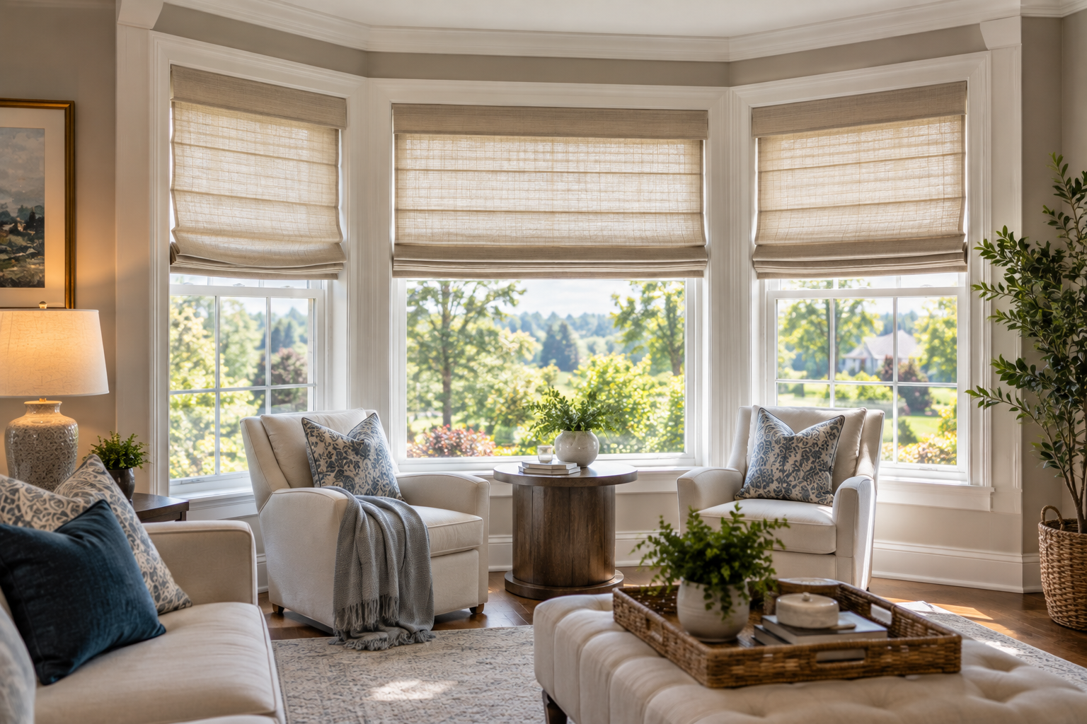 Bright living room with bay windows, beige decor, and a view of trees outside