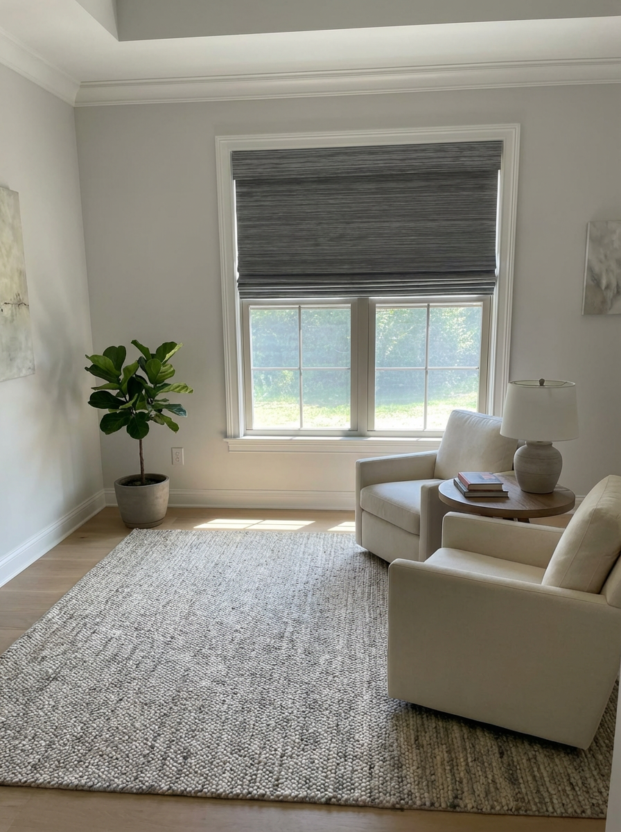 Cozy living area with light-colored chairs, a rug, a potted plant, and a window with a woven shade.