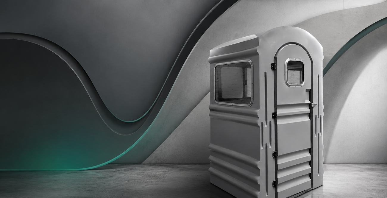 Inodoro portátil gris en una elegante habitación moderna gris con paneles de pared curvos e iluminación de acento color turquesa.