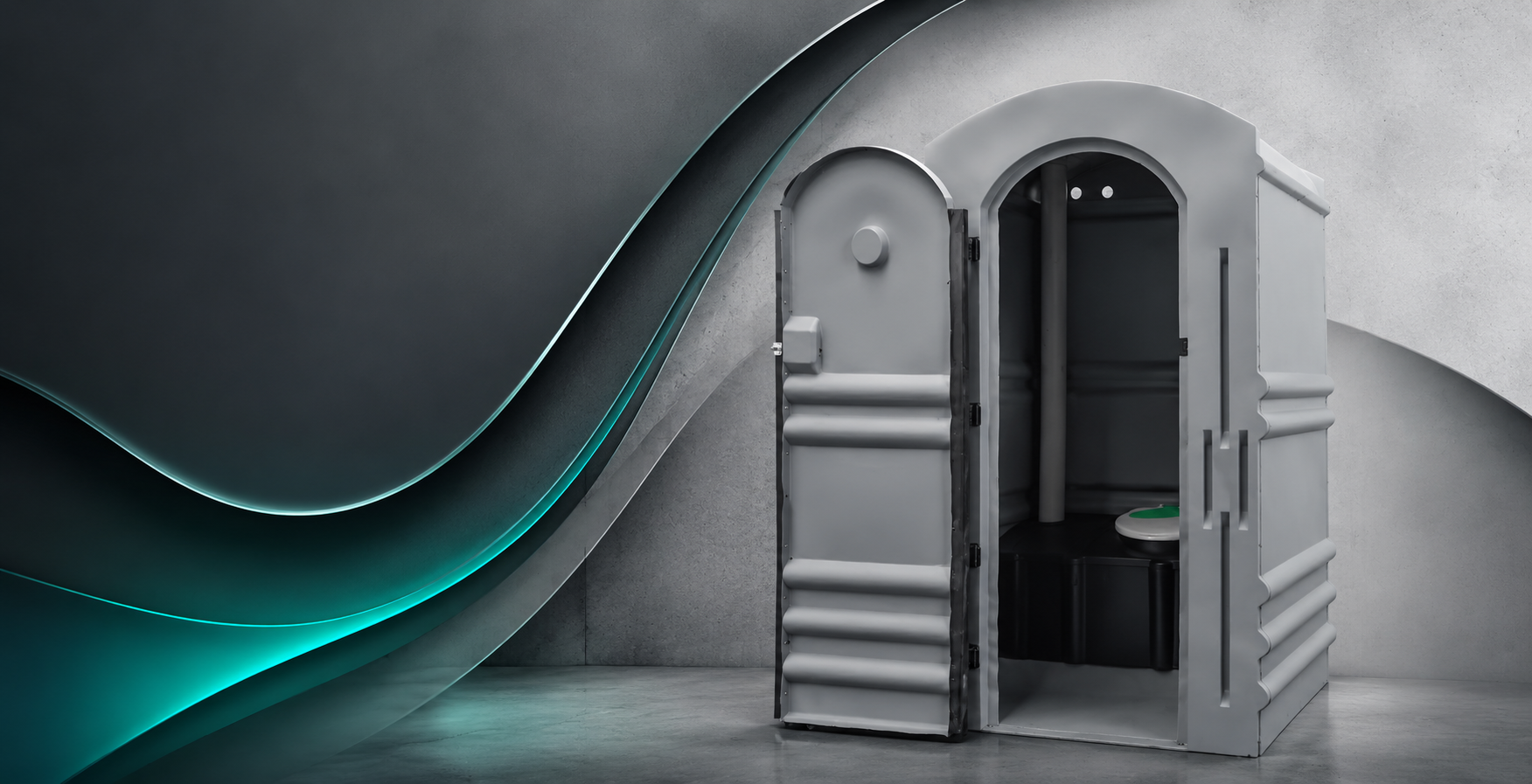 Cápsula de ciencia ficción gris con una puerta abierta sobre un fondo oscuro, acentuada por líneas fluidas de color verde azulado.