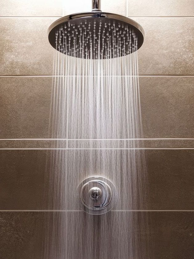 A close up of a shower head with water coming out of it