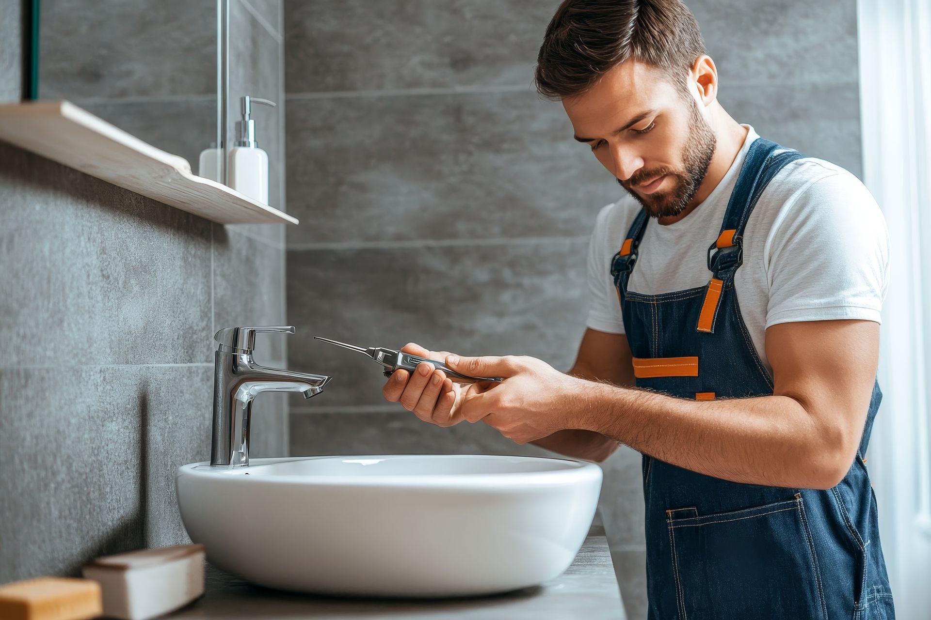 A man is fixing a faucet in a bathroom.