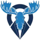 A blue moose head wearing a suit jacket, centered over a dark blue map location pin icon on a white background.