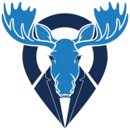 A blue moose head wearing a suit jacket, centered over a dark blue map location pin icon on a white background.