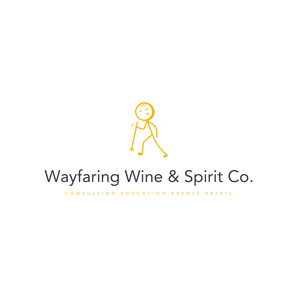 Logo: Stick figure walking, Wayfaring Wine & Spirit Co. text with