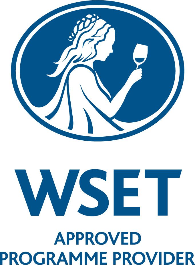 Blue WSET logo with woman holding wine glass in oval, text