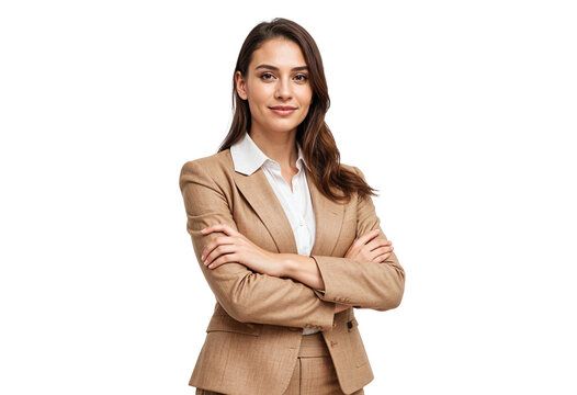 A woman in a suit is standing with her arms crossed.