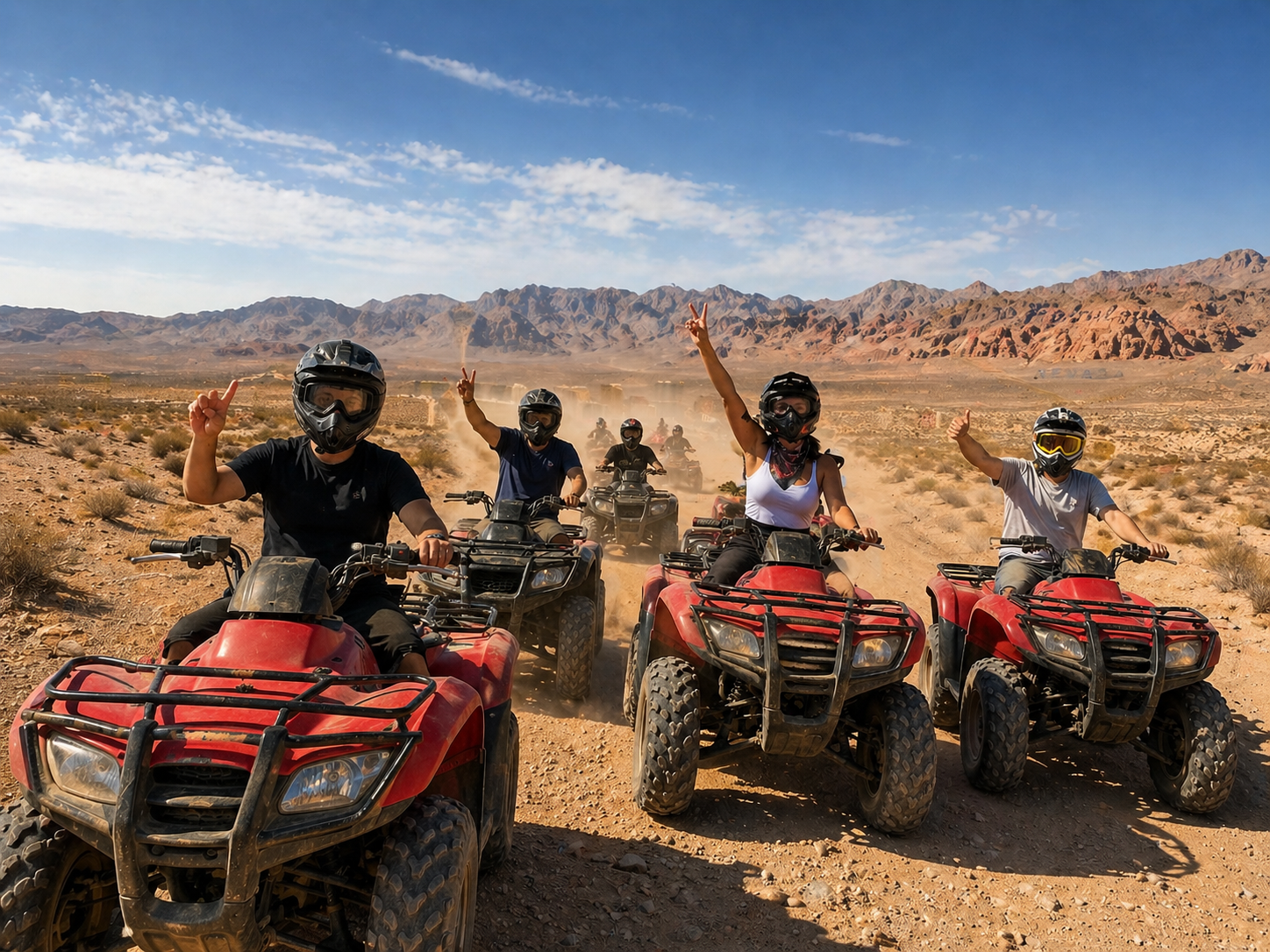 ATV tour ad with riders racing through a dusty desert at sunset, orange and black tones