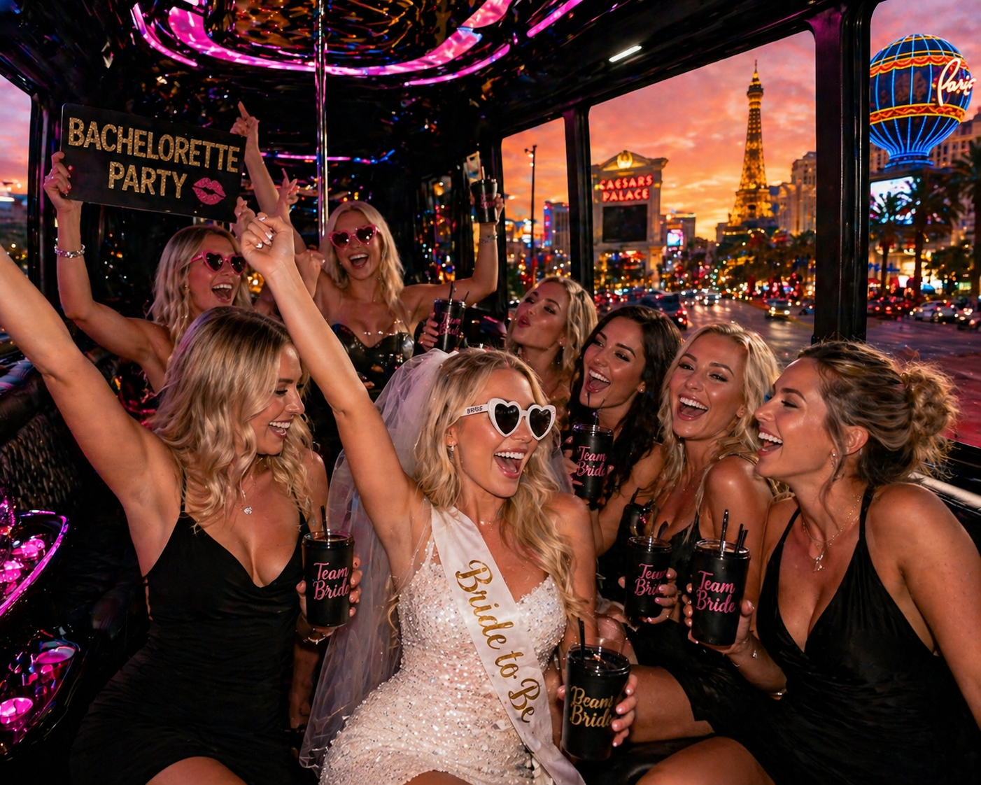 Group of women celebrating a bachelorette party at night on a bright city street, holding a sign and posing happily
