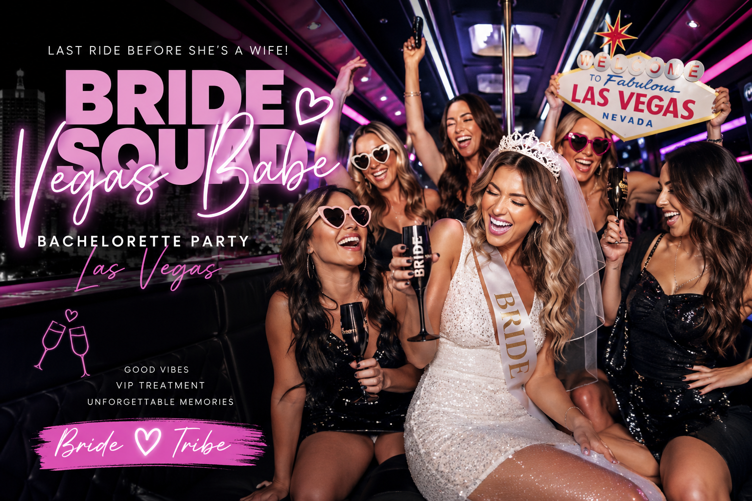 Bachelorette party poster with women in black dresses, pink neon text, and a Las Vegas sign backdrop