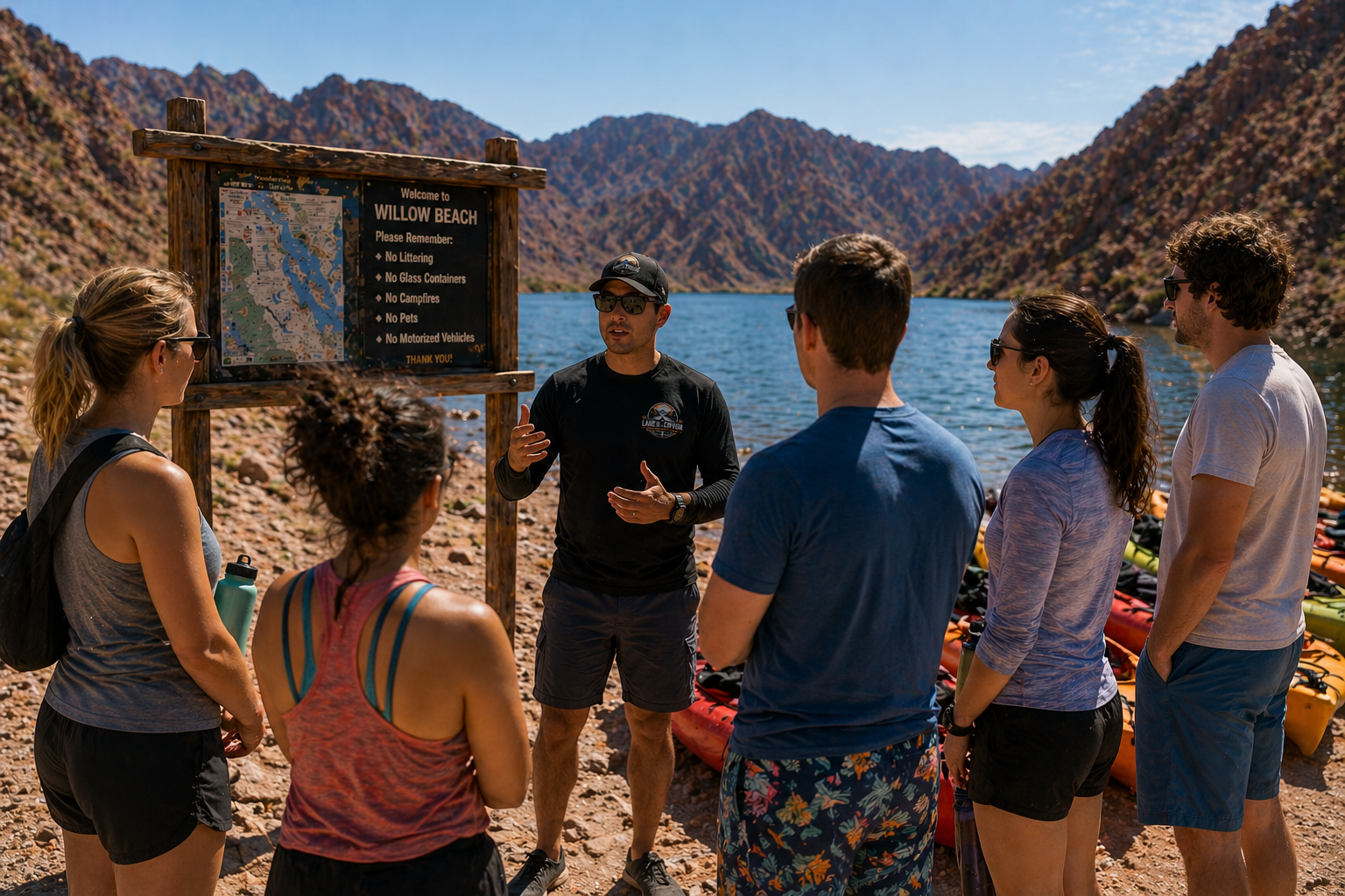 Kayak at Emerald Cave Kayaker briefing on a lakeshore with a group in colorful kayaks and mountains in the background