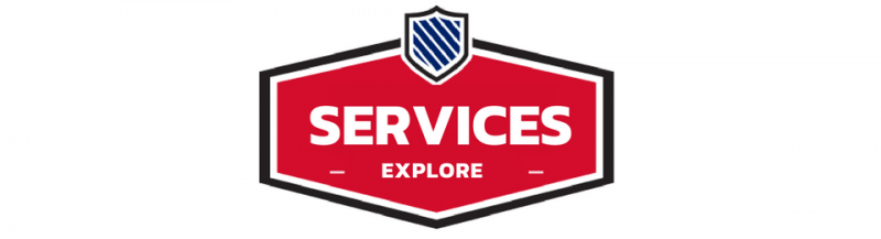 Red shield-shaped logo featuring the word