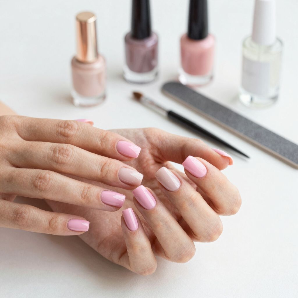 Handen met roze nagellak, flesjes nagellak, een nagelvijl en een kwastje op een witte ondergrond.