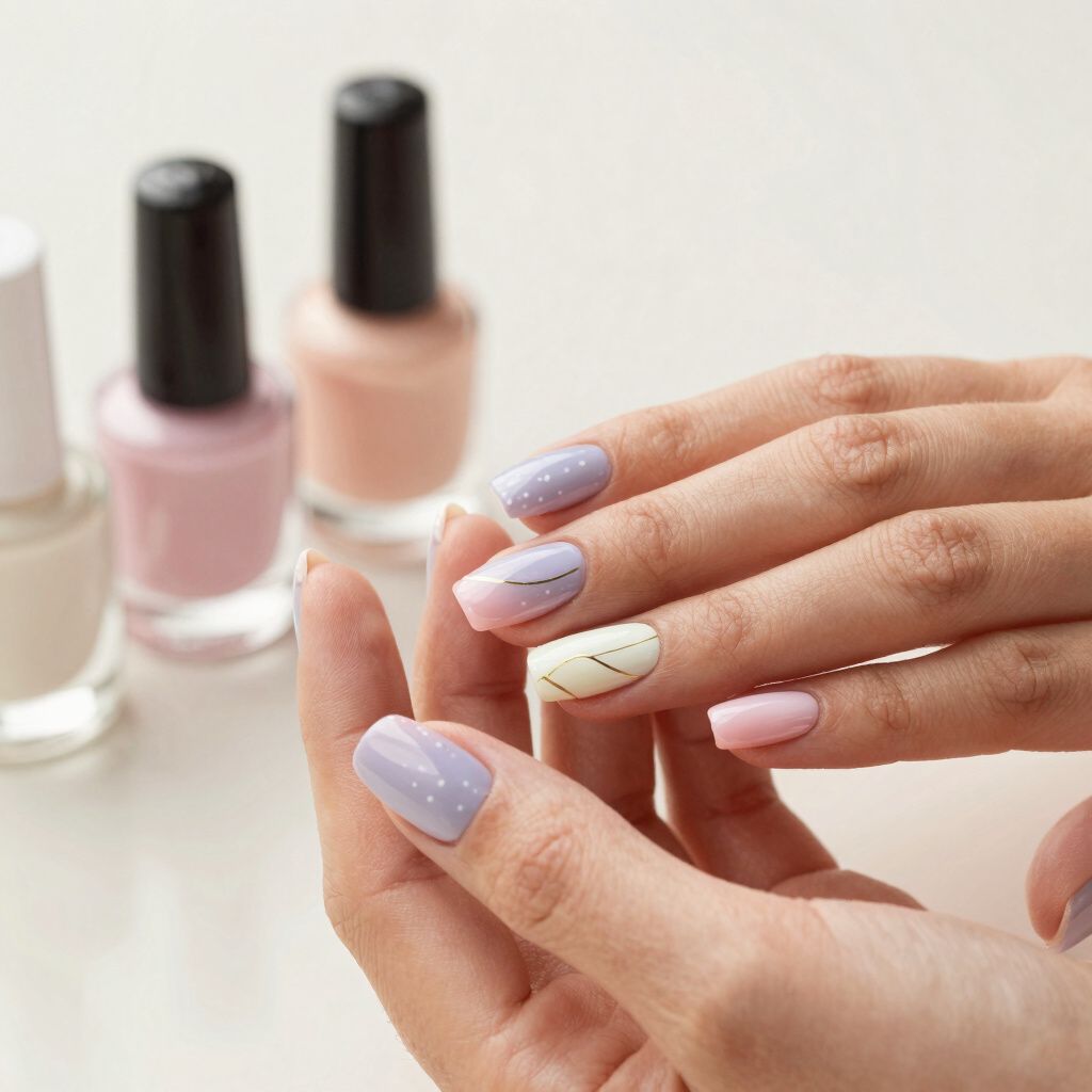 Handen met verzorgde nagels, in diverse pastelkleuren en met verschillende designs, naast flesjes nagellak.