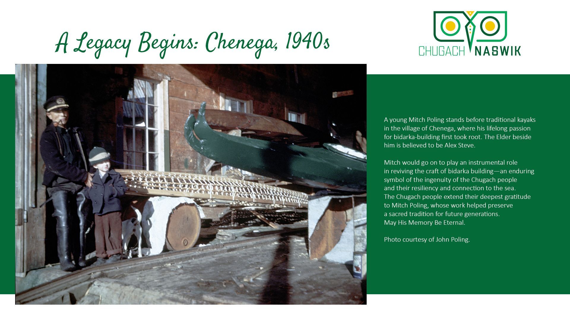 Man and child stand by a canoe on a cart outside a building. The scene is from the 1940s.