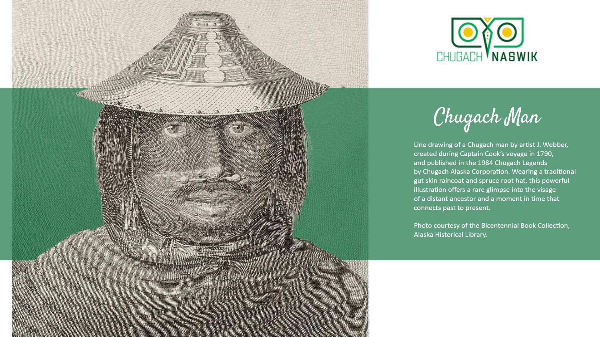 Engraved portrait of Chuyach Khan, historical figure, with a hat, on a green background.