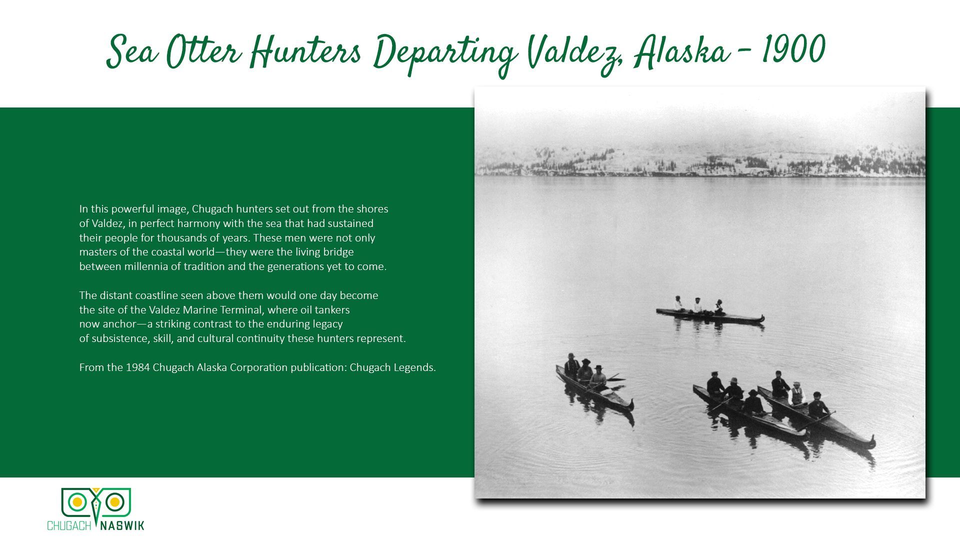 Sea otter hunters in canoes departing Valdez, Alaska in 1900. Men on water, calm sea, mountains in background.