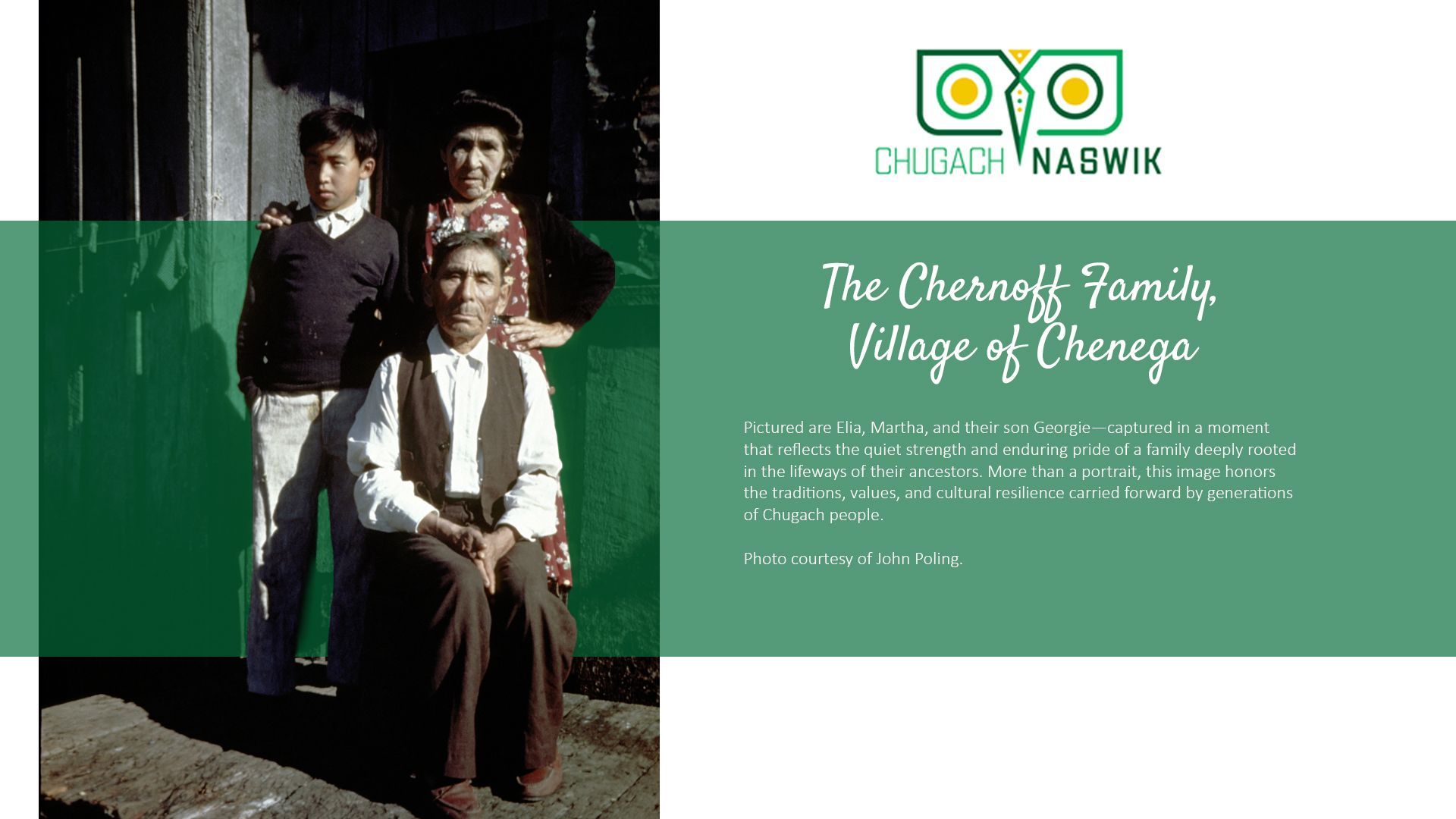 Three people from the Chernoff family in front of a green wall, with text about their history.