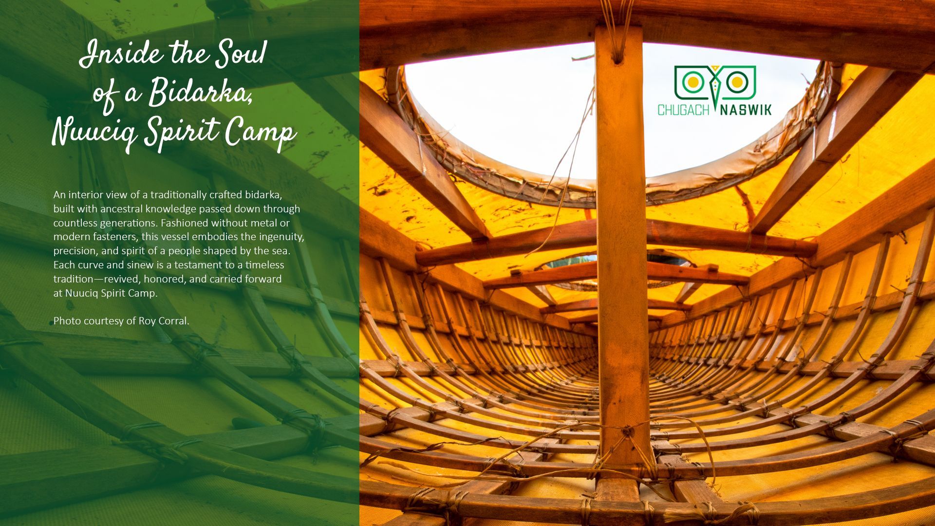 Inside of a wooden boat under construction, yellow fabric stretched over the frame, with text overlay.