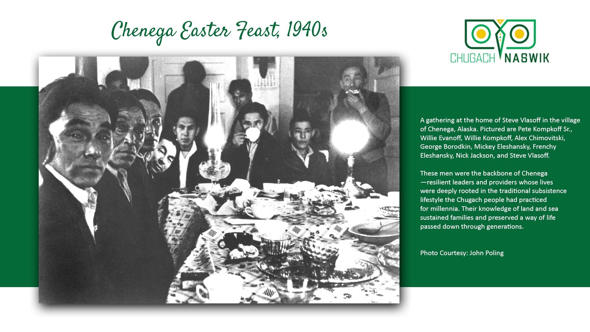 Group of people around a table set for a feast in the 1940s.