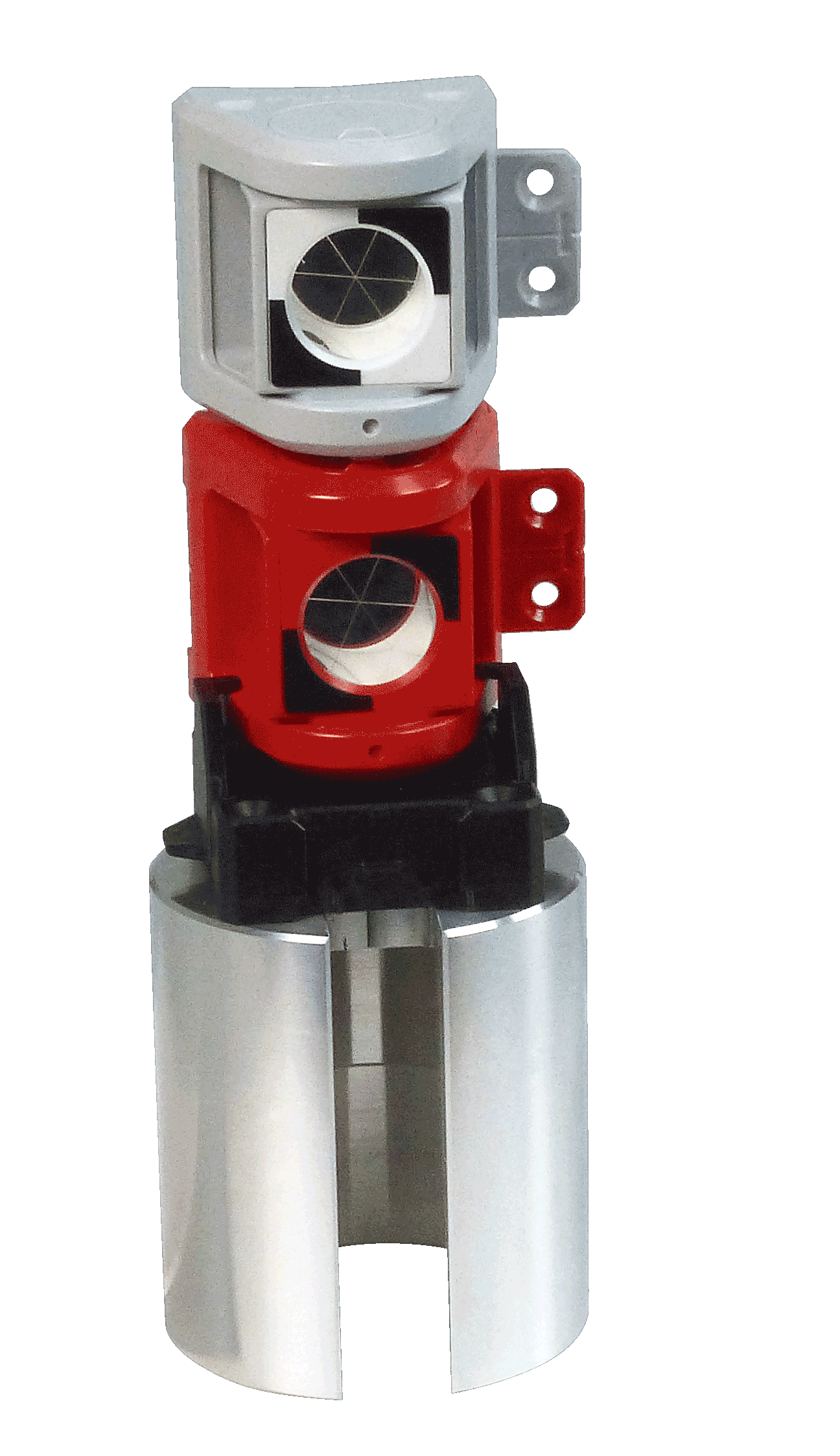 Three different colored objects are stacked on top of each other