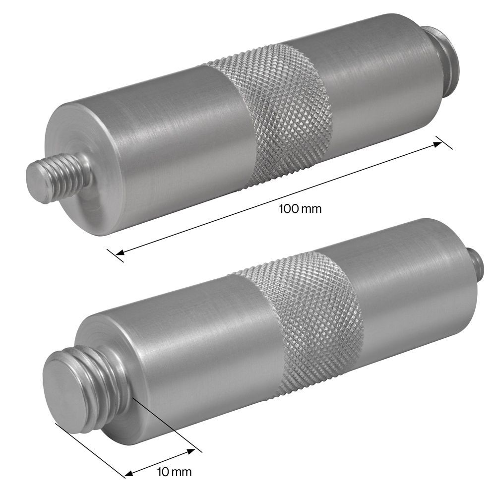 Two metal cylinders with measurements of 100 mm and 10 mm