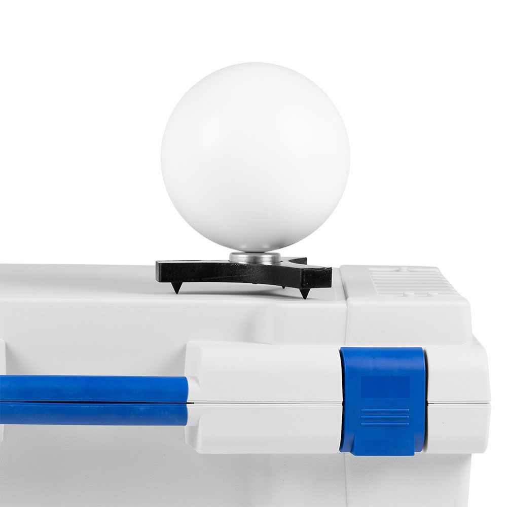White kit case with white spheres, black bases, and silver connectors.