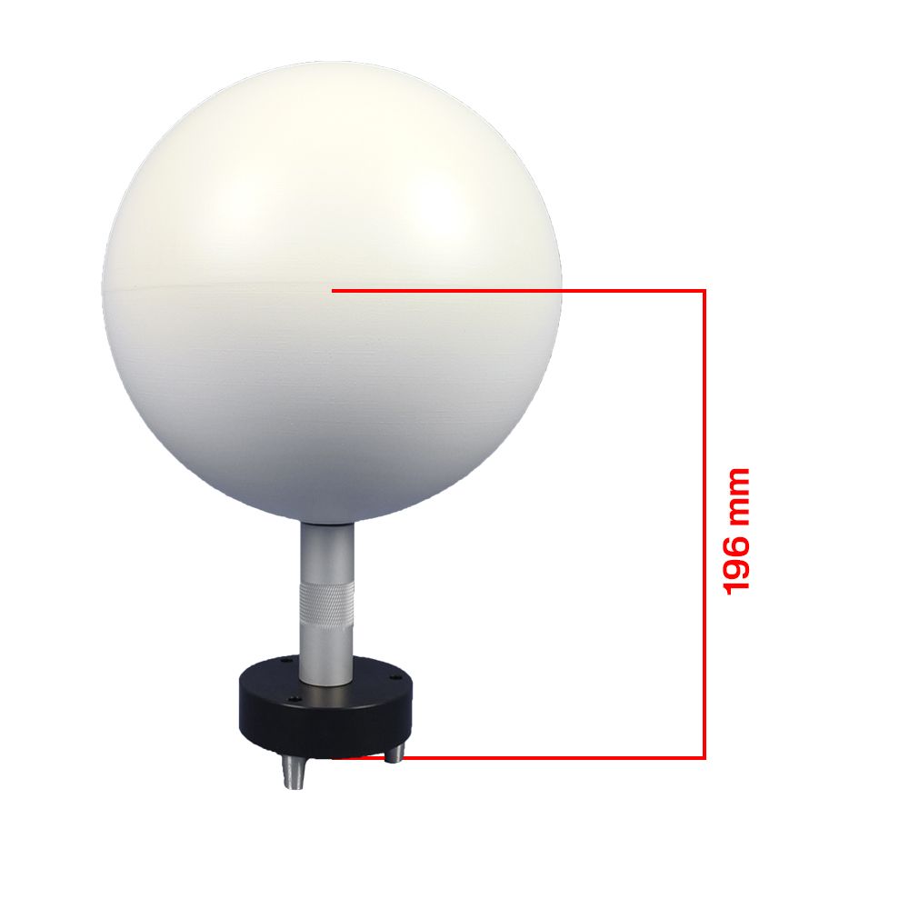 A white ball on a metal pole with a measurement of 196 mm