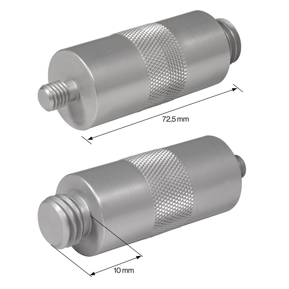 A pair of stainless steel cylinders with measurements on a white background.