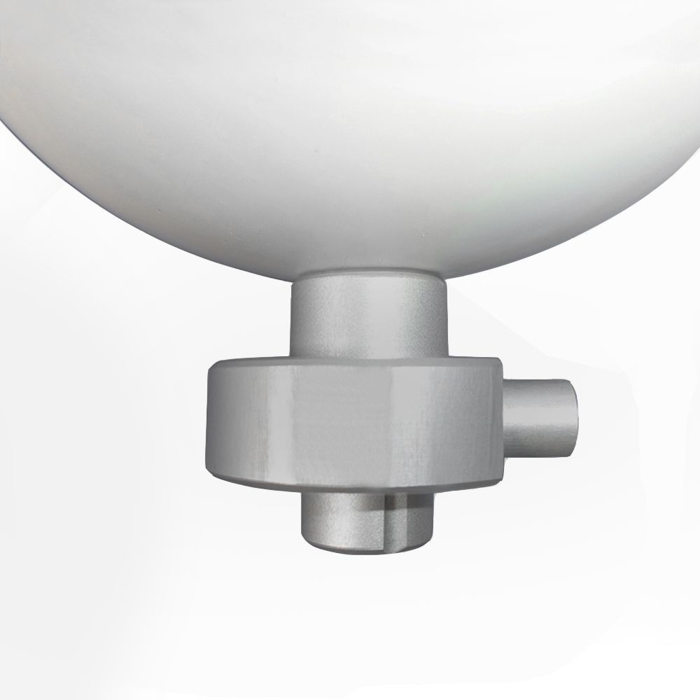 A close up of a white sphere with a metal base