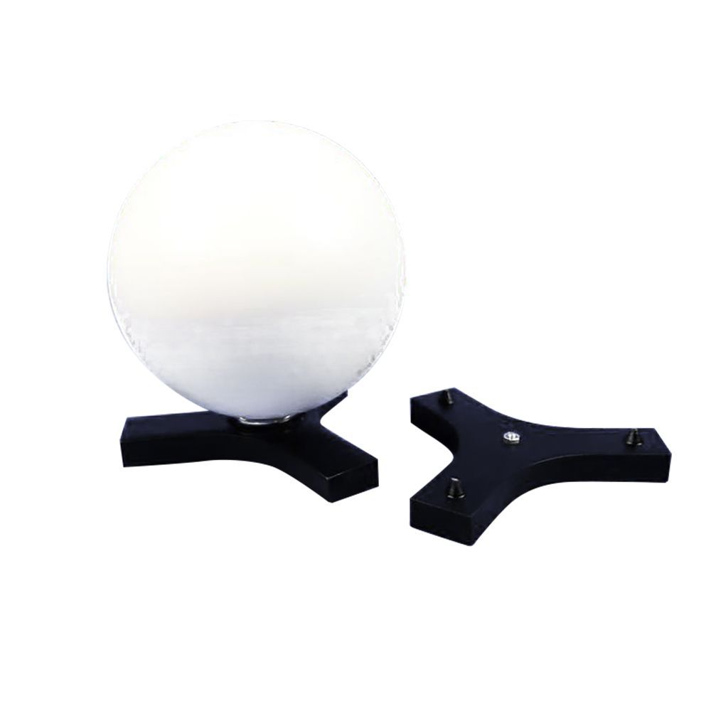 A white ball is sitting on top of a black stand.